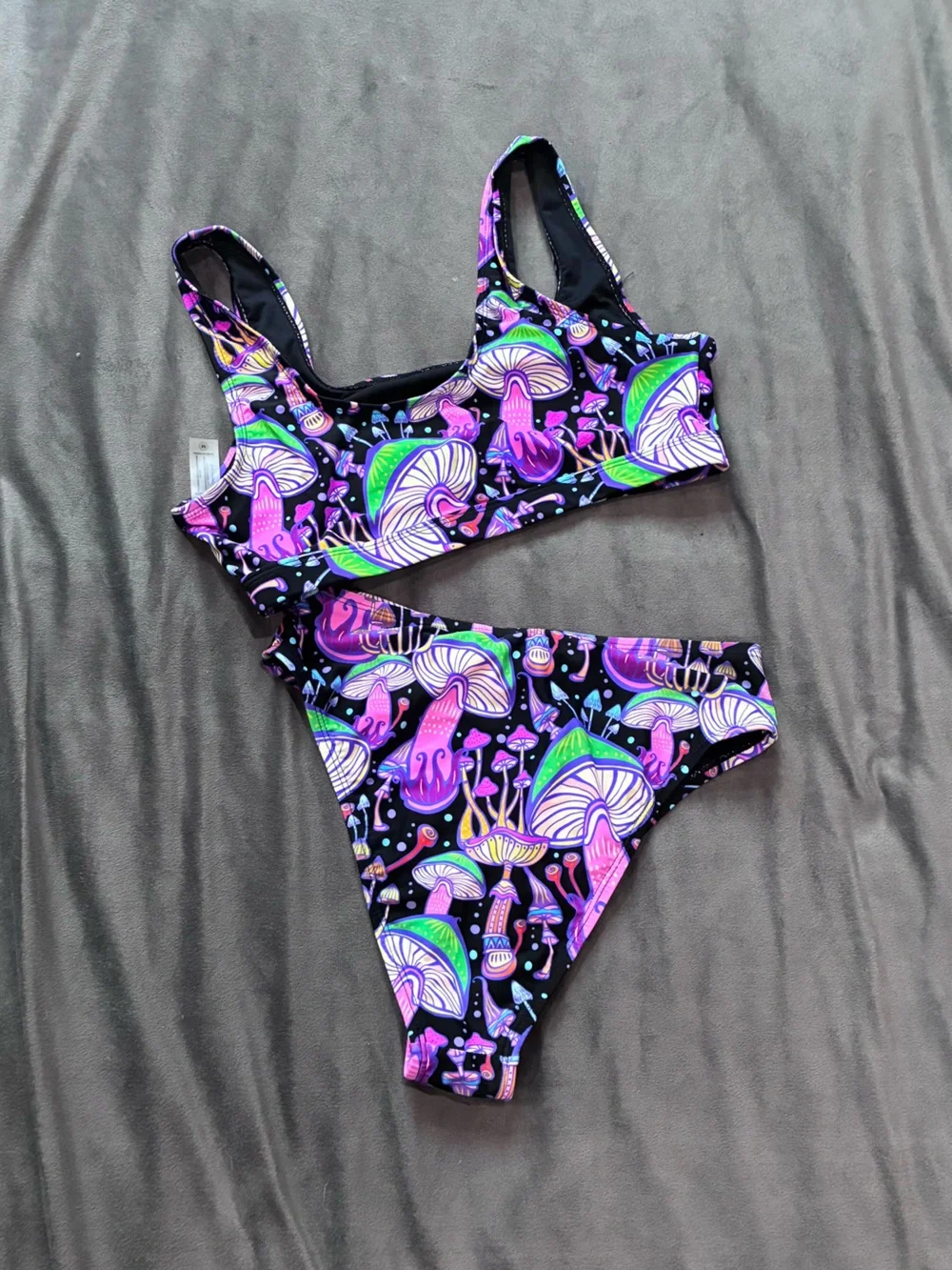 Fashion Nova Black Swimsuit with Neon Purple & Green Mushroom Print